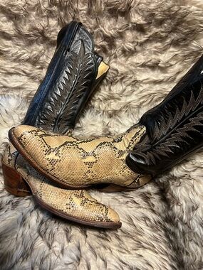 Tony Lama BLK Label Women Black Shaft with Tan Snakeskin Western Boots Sz 11.5 B